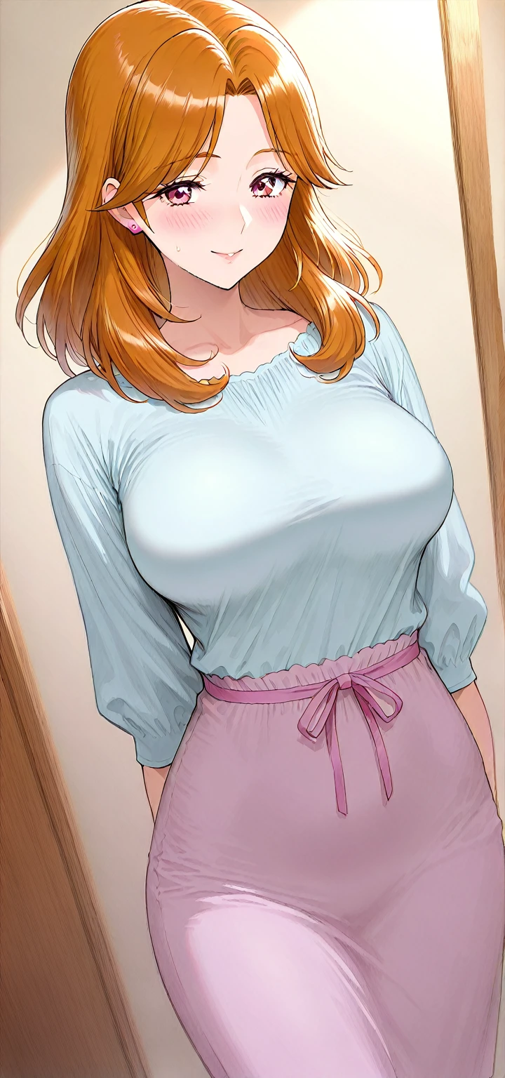 (Masterpiece), (4k), )vivid colors), (evening light) Woman of 40 with brown hair with red highlights dressed as a successful MILF businesswoman with a pose and seductive look, accompanied by her small-breasted 15-year-old blonde daughter in the living room of her house