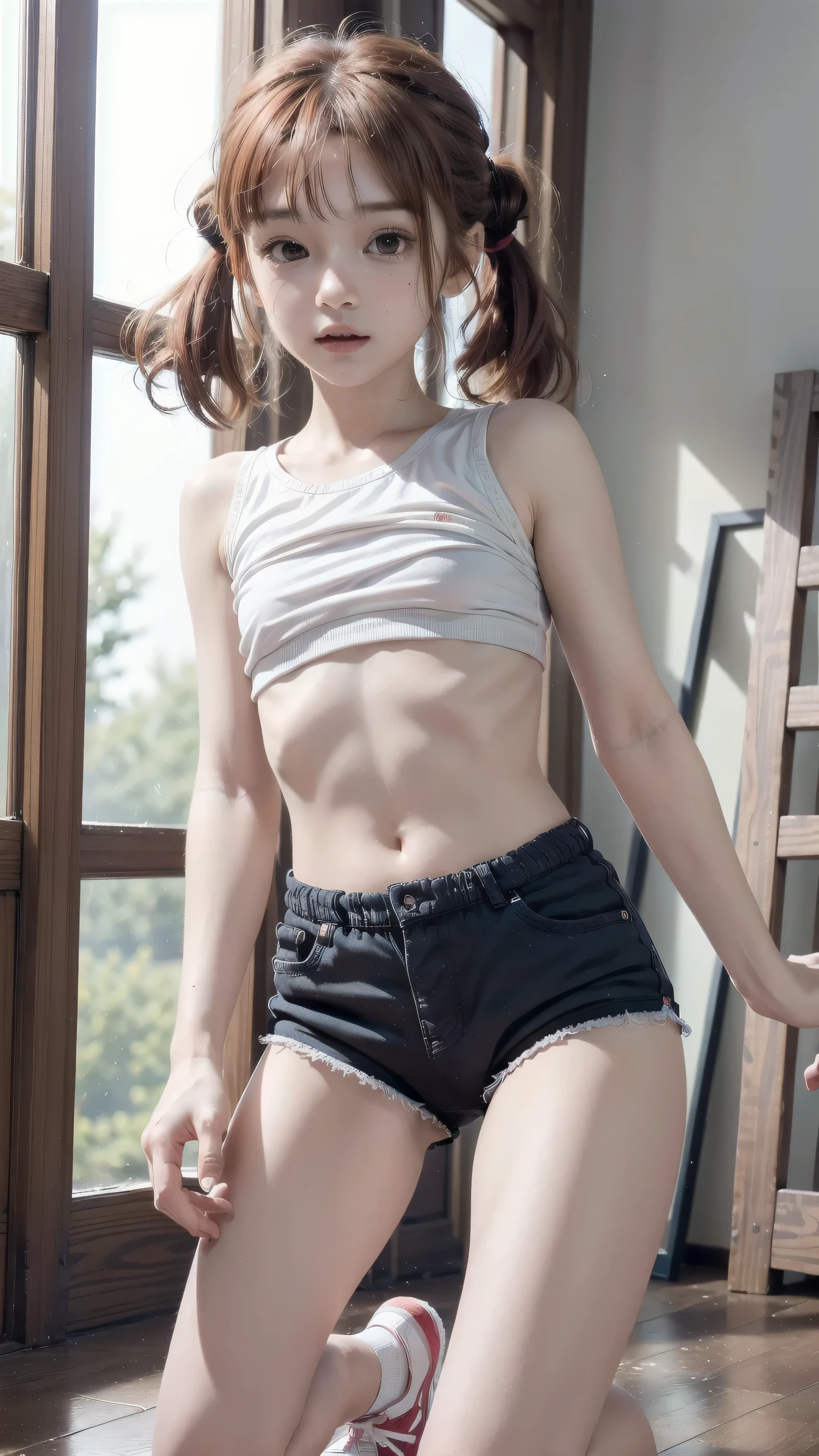 Raw photo, Candid, Textured skin, (1 girl),(Full body)(Medium hair:1.2),(), pale skin, Japan person, Glasses, small, young, Tall, dark look, Bright black eyes, Stick out one ear, Anger, Office lady, (blue panties), Arms raised, Open legs, (M-legged ), slender body, Medium build, Small waist, Wide thighs, Photorealistic, Top Quality, 8K, Masterpiece