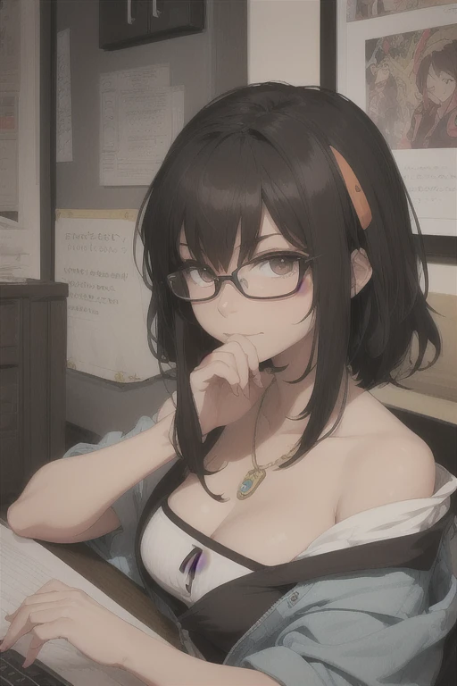 1 milf, ponytail hair, wearing glasses, wearing a black tank top that showing her cleavage, facing forward, angry