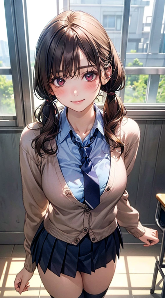 (masterpiece:1.2, Highest quality), (Realistic, photoRealistic:1.4), Beautiful illustrations, (Natural Side Lighting, Cinema Lighting), Browsing Caution, 
View your viewers, Cowboy Shot, Front view:0.6, 1 Girl, Japanese, high School girl, Perfect Face, Cute and symmetrical face, Shiny skin, 
(Long Hair:1.8, Straight hair:1.7, Blonde), Asymmetrical bangs, Purple eyes, (Large Breasts:1.1, Thick thighs), 
Beautiful Hair, Beautiful Face, Beautiful attention to detail, Beautiful clavicle, Beautiful body, Beautiful breasts, Beautiful thighs, Beautiful feet, Beautiful fingers, 
((Light blue collared shirt, Navy pleated mini skirt, socks, Navy tie, Light brown cardigan, Knee socks)), Pink Panties, 
(Beautiful views), evening, School, classroom, curtain, walking, Place your hands between your legs, vibrator in Knee socks, (Cute smile, Upward glance), 