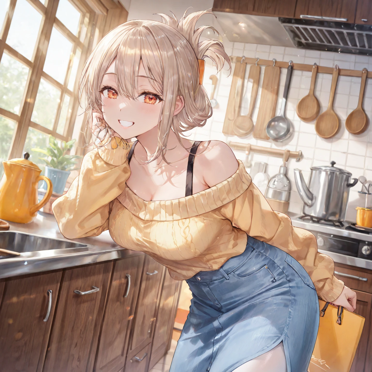 (anime style),masterpiece, best quality, extremely detailed,10Year old,tanned skin,dark skin, Beautiful body,small breasts,BREAK,multicolored colorful blonde hair,short hair,hair slicked back,BREAK,black eyes,潤んだ瞳,wedding ring,shy smile,open mouth,half closed eye,detailed lips,open legs,BREAK,cotton black big ribbon,BREAK,yellow a sweater with vertical stripes,kitchen apron,striped_bikini,off shoulder,navel,break,head tilt,in the kitchen,have a vegetables,put one knee on the chair