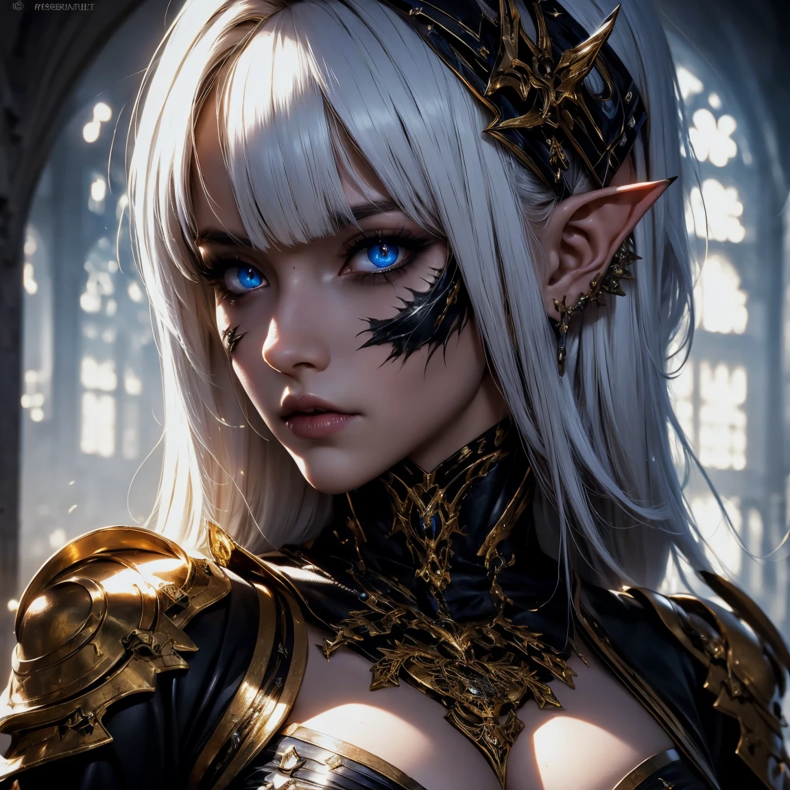 (best quality,4k,8k,highres,masterpiece:1.2),ultra-detailed,(realistic,photorealistic,photo-realistic:1.37),Final Fantasy, detailed long white hair, detailed sexy girl, alluring appearance, single confident girl, (voluptuous figure), Dark Knight, Great Sword, 4K, HDR. (Sharp focus: 1.5), (sharp focus:1.2), (natural makeup:0.85), (large breasts:1.0), (petite body:1.2), ((Full Body Portrait)), (Long Legs), (Black Full Plate Metal Bikini Armor), Sexy Legs, ((Full Body View)), (Tall Girl), (Head to toe view) Glowing Red Eyes, Messy bun Hair, Cute pose, Full plate thigh high boots