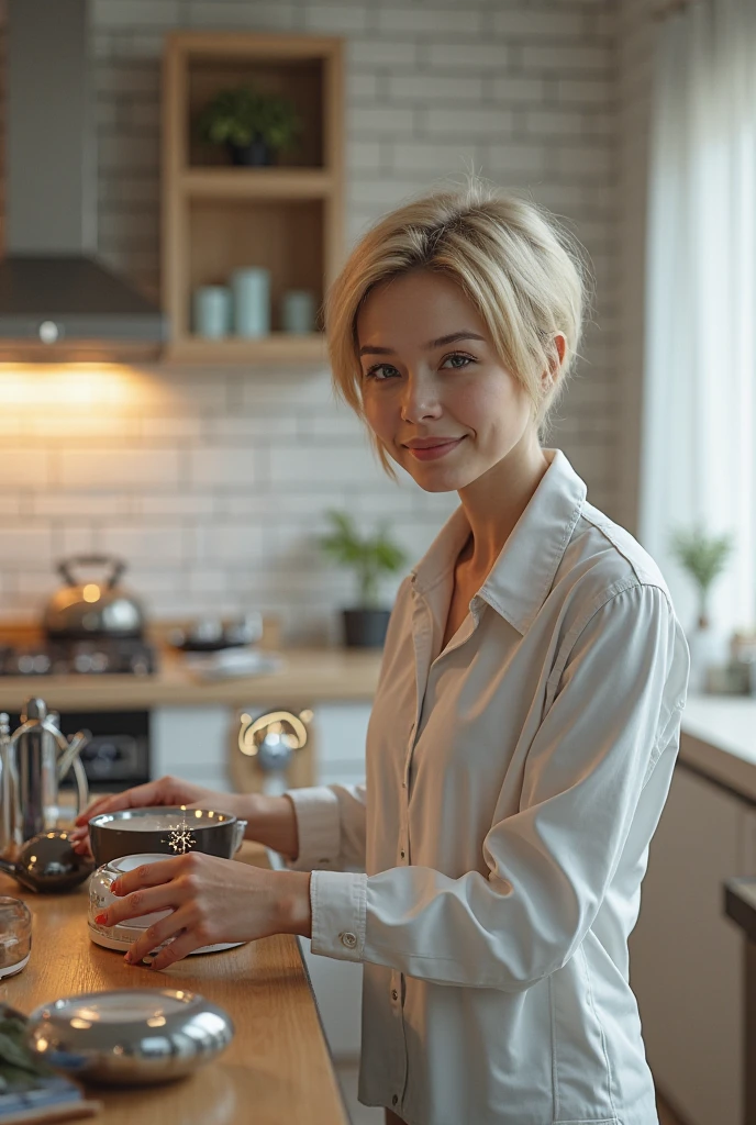 The image captures a candid moment of a young woman with platinum blond hair in a relaxed home setting. She is dressed casually in a loose grey t-shirt and patterned underwear, standing in a well-appointed kitchen. Her posture, as she gently handles a kettle, suggests she is preparing a morning beverage, possibly coffee or tea. The room features elegant marble countertops and classic cabinetry, enhancing the serene and comfortable ambiance. Natural light filters through the room, highlighting her gentle, contemplative expression and softly tousled hair. This scene beautifully melds elements of daily routine with a subtle, intimate charm, perfect for themes of morning rituals, quiet moments, or domestic tranquility.