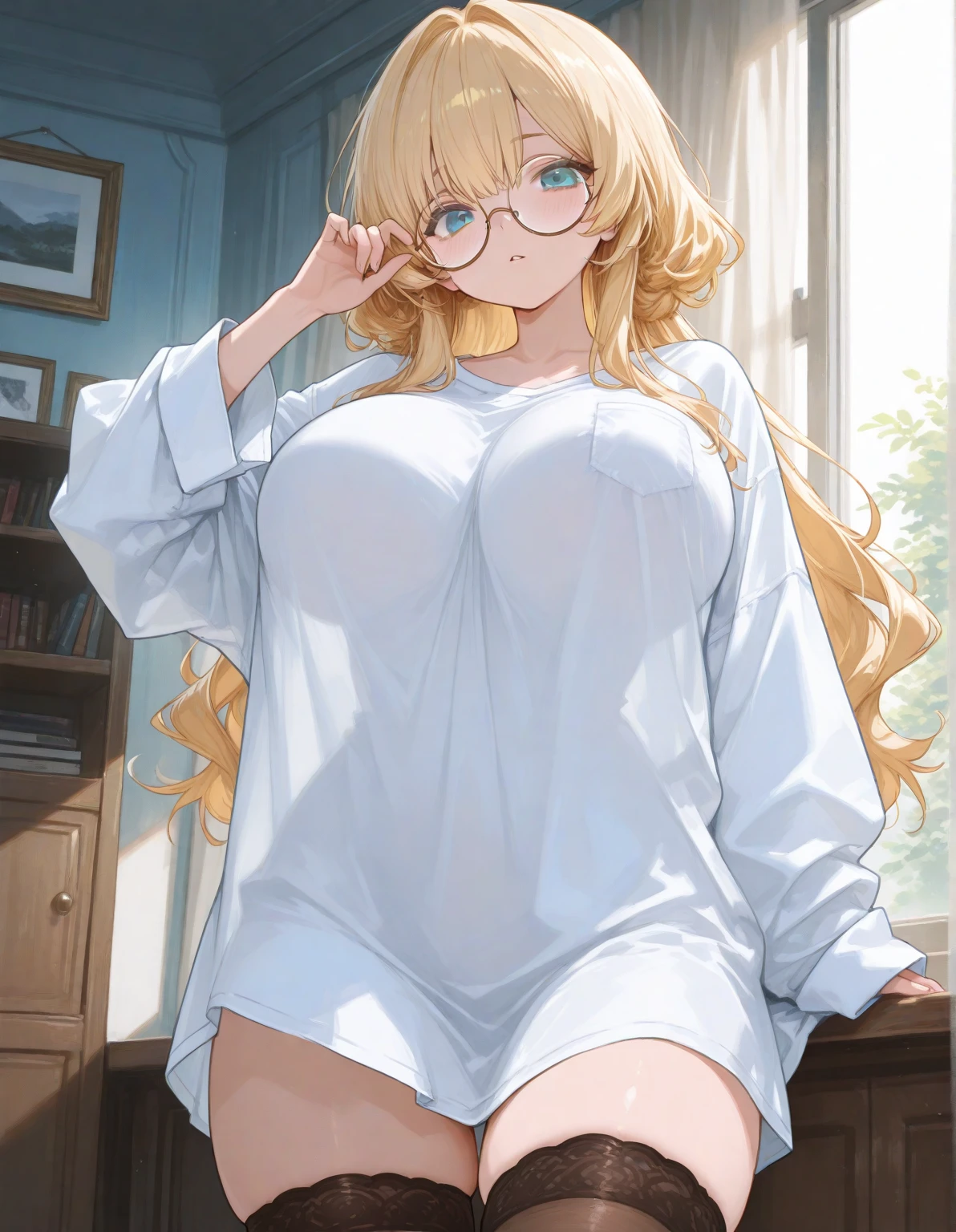 (bust:1.5), 바닥에 누워 있는 big bust을 가진 애니메이션 소녀, , Tsk tsk, in a dress, fascinating anime girl, Smooth animated illustrations, ecchi anime style, , Shikamimi, She has a jiggly, fat, round belly, ecchi, Posing in Pudika pose, [ 4k digital art ]!!,(big bust:1.5), (Black eyes with a slight purple tint:1.5), (a devastated expression, dead eyes, dark atmosphere:1.5), (Very white and long hair with a bluish tint, weak perm:1.5), (oversized white shirt:1.5), (bare foot, round-rimmed glasses:1.5), (Belly Fat, muffin top, plump:1.1), (smiling faintly:1.5),(human ear:1.5),