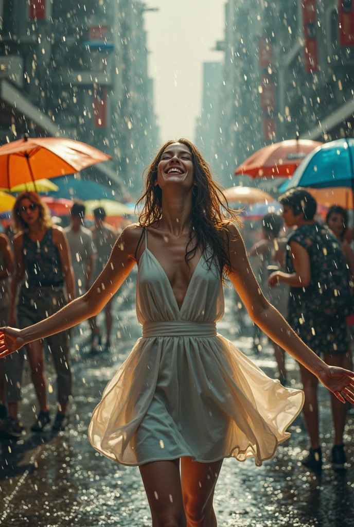 (masterpiece: 1.5) (fotorrealista: 1.1) (8k) (HdR) (cinematic lighting) photographed with a Canon EOS R5, 50mm lens, f/2.8, HdR, (8k) A 28-year-old redhead woman is having a joyful time on a rainy morning in Rome. Her tight sequined dress is completely soaked. She carries her high heels in her hand. Her face expresses joy and euphoria. Her makeup is running down her face in the rain. With her arms raised and her gaze towards the sky, she enjoys the rain falling on her face. Her breasts are drooping.