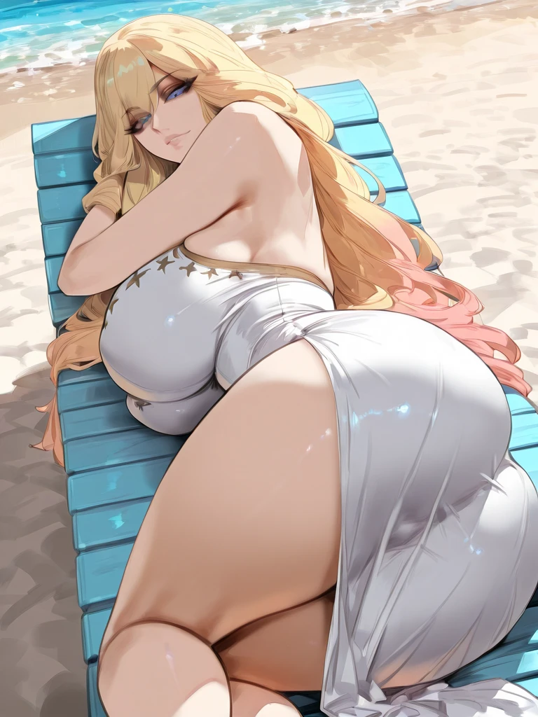 Tsunade Senju, 1 girl, ((bimbo))), long blond hair, puffy lips, painted lips, thick lips, wide hips, thick thighs, huge ass, enormous huge natural breasts, mature mom, white bra, in my bed, enormous bloated overflowing saggy beach ball diaper about to burst, groping ass