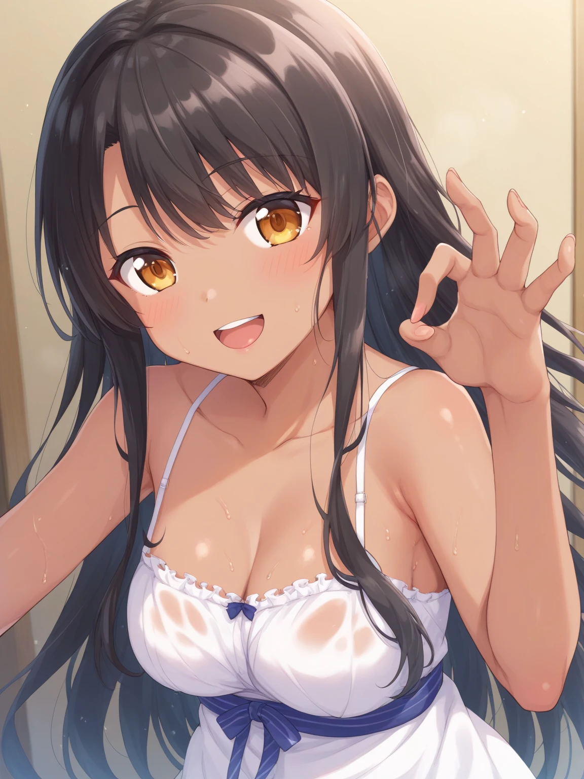 (((pixel-perfect, detail-perfect))), solo, 1girl, saten ruiko, sakugawa , solo, upper body, night sky, beach, arms behind head, contrapposto, smile, spread armpits, closed mouth, looking at viewer,