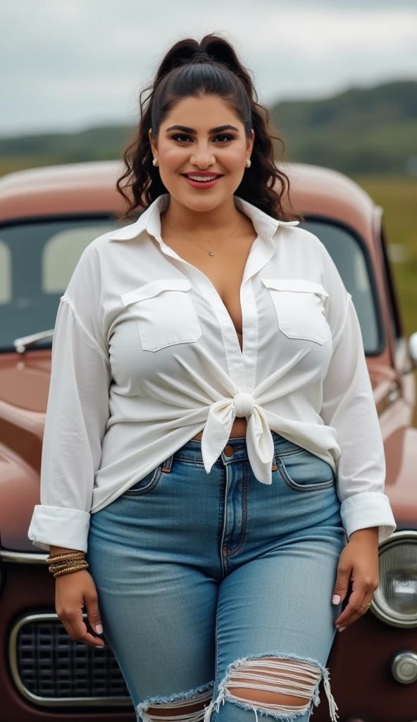 monami Indian beautiful actress curvy plus size hour glass bulky figure woman, closeup camera view, wearing SHEIN LUNE Plus Paperbag Waist Button Front Shorts SKU: sz2303079766916276 GBP£6.21 GBP£11.99 -48% Including VAT Color: Black, different style hairstyle, bright eyes, thin eyebrows, fair skin, blushing cheeks, prefect head to toe view, full body view, Mountain Lake: A tranquil lake nestled in the mountains with clear water and scenic views. smile face, black hair, Indian face, perfect skin tone light, ultra realistic skin texture