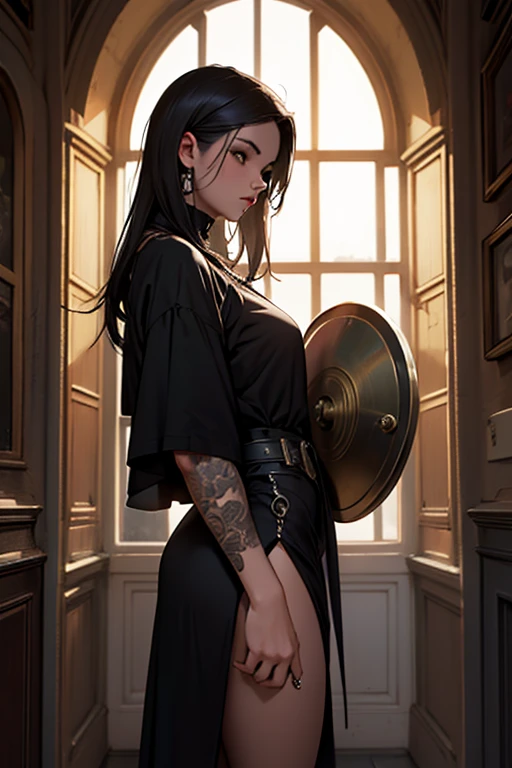ultra-realistic 8k CG, masterpiece, ((ultra detailed background, intricate details, high detail, better fine details, hyper-detailed face)), beautiful lighting, absurdity, film grain, azula, 1girl, solo, black hair, brown eyes, makeup, lipstick, red lips, one tuft of hair, navel, side strands, hair decoration, ((medium breasts, slim girl, wide hips, ass tattoo, tattoo, erotica)), (T-shirt, short shorts, black shorts)), ((complex detailed background, inside, dim lighting, moody lighting, inside the castle, inside, medieval castle environment)),