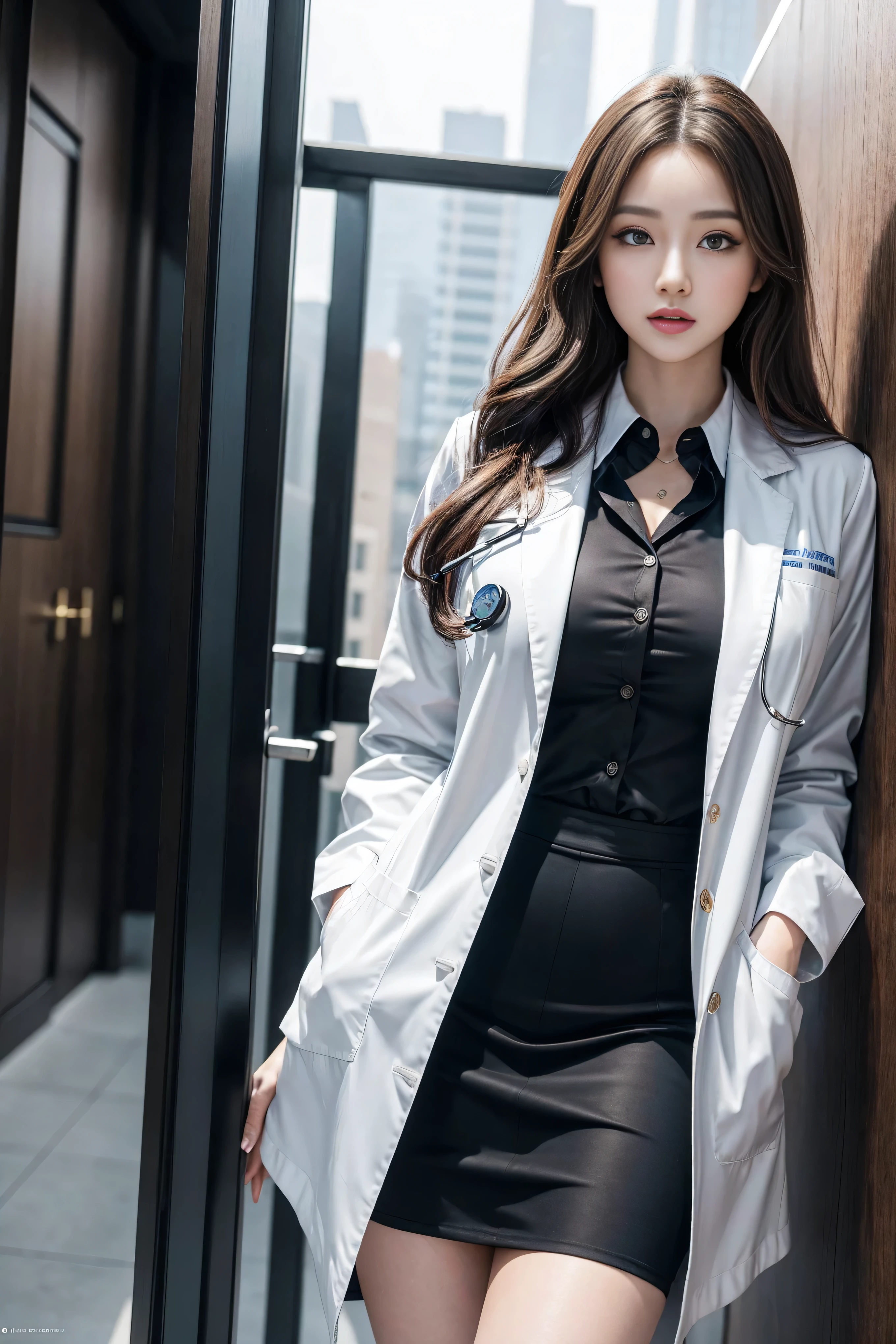 Realistic beautiful doctor、Stunning beauty、Doctor's white coat, Collared shirt、(Top quality、8K、32k、masterpiece、nffsw:1.3)、Ultra-high resolution,(Reality:1.4),Original Photography, Delicate face,,Beautiful hair, ((Doctor style)), , Black tight skirt、 Natural Makeup,, Full breasts、Inside the hospital, Detailed background, Perfect lighting, Depth of Field, Beautiful shadow gradient,Stethoscope ,