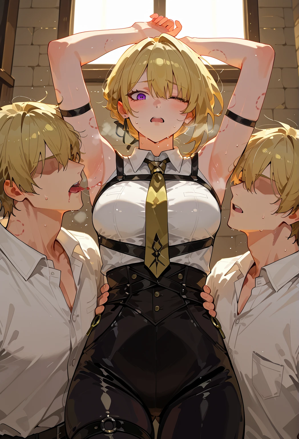A 25-year-old young man is ????? by two men.,rape,Sex slaves,short-haired,blondehair,Blue eyes, A man's erect ????? is inserted into his mouth,Oral ejaculation,Blowjob,cum shots,jock strap,toppless, Sweat vapor, manly face,Crying face,Reluctant face,blush,Parted lips,macho body shape,fullnude, Bondage,Panties,What BDSM looks like,Desperately sucking men's penises,Oral ejaculation,Men's penis inserted into anus,Sex for 3 people,gargantilha,noose,chain,