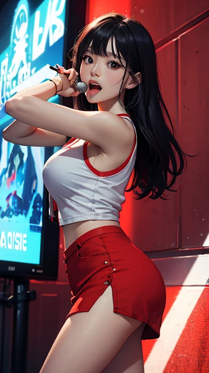 (((best quality), (hyperrealisti), mh-yk, 1 girl, standing alone, Bblack hair, eyes browns, long hair, wearing a white top covered by a red jacket and wearing a mini skirt,followed by knee-high socks,, big and fit ass,, twintails, Ar complete, hair rings,sitting in a comfortable cinema seat,with a large glass full of popcorn on one side and a glass of soda on the other,gazing at viewer, scene watching a movie at the cinema, sweet look