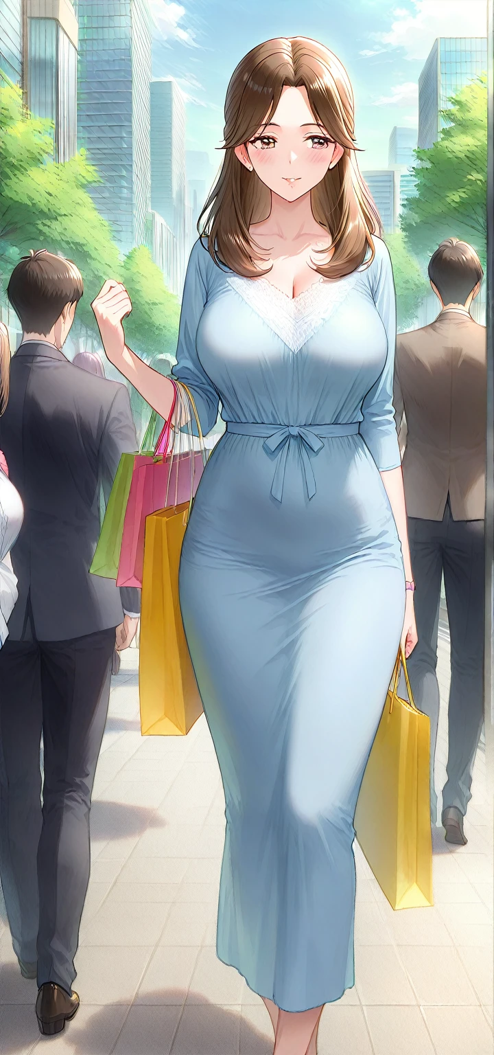 (Best quality: 1.5), (masterpiece: 1.5), (2.5D), (good definition), (detailed face), (well-drawn face), (vivid colors), (1 character), (exaggerated proportions), (hentai), (perfect anatomy), (character in the center), (absurd), (4k wallpaper), (detailed eyes), (perfect hands), (perfect fingers), (beautiful skin), (glowing skin) ), (perfect shadows), (perfect lighting), (full body), (beautiful eyes), (masterpiece), (voluptuous body), (pretty face), adult woman, seductive MILF, Mature MILF Face, mature woman, blonde hair with a low and slightly disheveled ponytail, green eyes, wears glasses, wears a knit midi dress, embarrassed and nervous expression, carries a shopping bag, huge breasts, huge thighs, huge butt, voluptuous body, good proportions, inside of a train, train ride, behind her there are many men with censored and pixelated faces