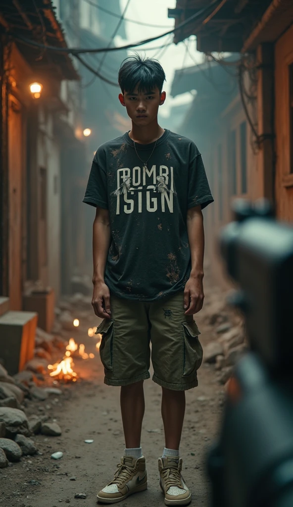 A psychopath holding an AK 47 and a crescent moon flag and on his shirt there is the writing ACEH MERDEKA
