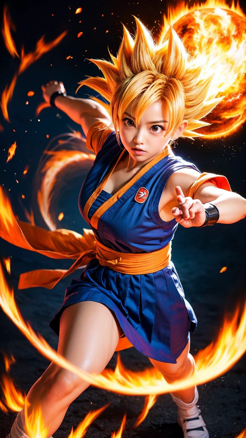 Super Saiyan Girl、masterpiece、high quality、High resolution、Realistic、Japanese、woman、cute、young、White skin、Blonde、Spiky Hair、athletic、(((There is a golden aura)))、He is wearing a torn orange judo uniform、torn clothes、fighting stance、whole body、Anatomically correct、wasteland