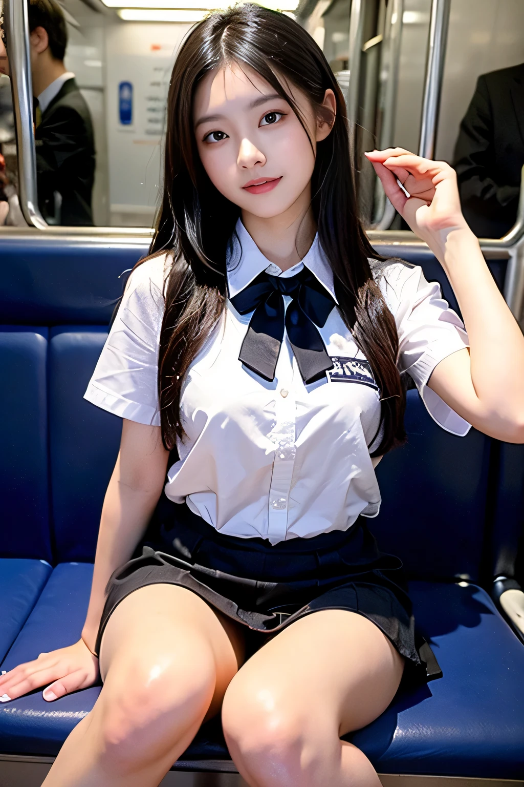 8k, RAW Portrait (Japanese women),masterpiece、Realistic:1.3、Realistic, Ultra-high resolution, Highest quality, Real Life Photos ,(((Showing panties:1.4)))、((Sitting on a train seat on the Yamanote Line, looking at my smartphone.))、
((((1 person:1.5)))), (((電車内でPlease lift your skirtパンティーを見せびらかす女子高生:1.4)))、(Cute Face:1.3),((Japanese schoolgirl))、(((School uniform:1.6))))、 Black Hair,(Written boundary depth:1.3)、 ((Dark brown eyes:1.2))、(Realistic skin texture:1.3)、(Immersive atmosphere:0.8、Chiaroscuro:1.2) 、(Audience:1.3)、((Expressionless:1.3))、((Red cheeks:1.1))、((very small white panties:1.4))、((Please lift your skirt))、(Emphasize panties)、Skirt Lift、Please lift your skirt