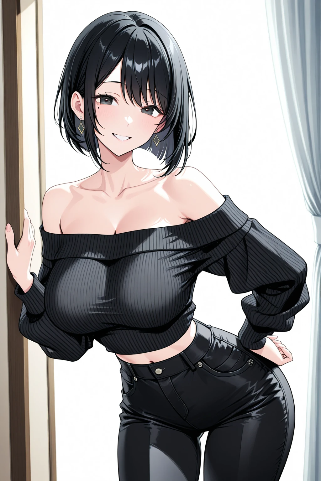 (((masterpiece))),(((High resolution)))、(((perfect face)))、(((Air Groove))), (((off shoulder room wear))), ((top quality eyes)), ((high resolution face)), detailed face, (detailed texture), (plump), (big tits), NSFW
