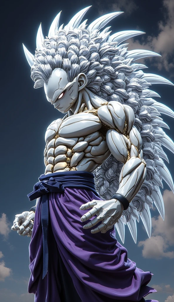 ((masterpiece,best quality)), absurdres, Super_Saiyan_5_Goku, 1boy, male focus, (white fur:1), red eyes, tail, white hair,  solo,  looking at viewer, cowboy shot, scifi background, giant moon, starry sky,