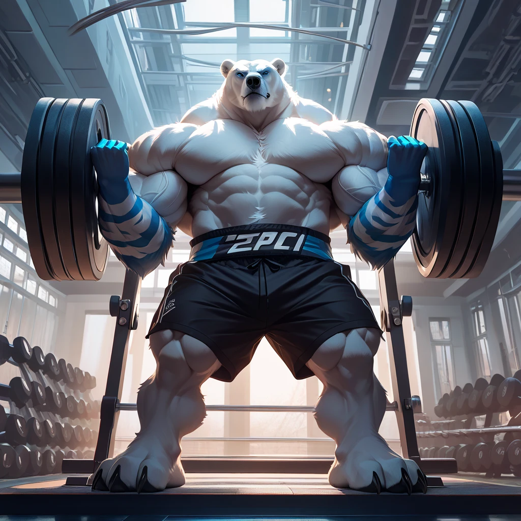 huge muscular polar bear dad in gym, big grin, polar bear, huge white fur, thick arm, huge arm, bearded, white hair and beard, bearded, (muscular, pectoral, wide pectoral, thick arms), gym, equipments, realistic, 8k, masterpiece, (wearing blue gym shorts, wristbands, watch and shirtless and topless, gym shoes)