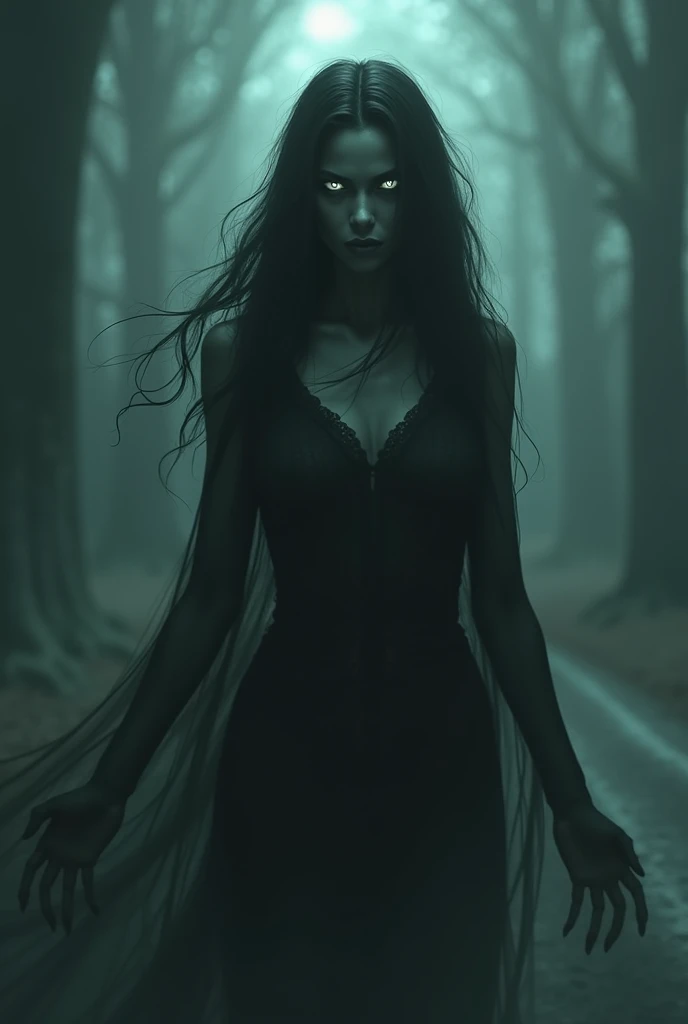 dark lady! beautiful woman in black clothes! {{big boobies}} very big boobs, yellow eyes, Bblack hair, red lipgloss stick! Scenario of a forest
