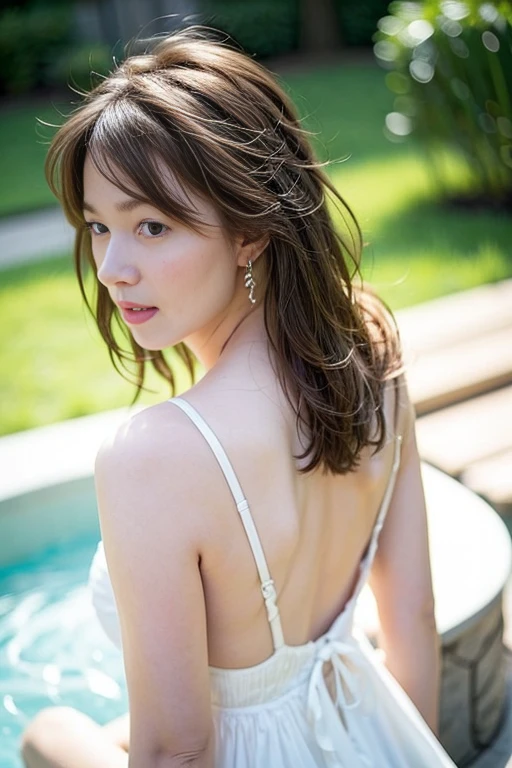 (Raw photo, Best Quality), (Realistic, Photorealsitic:1.3), masutepiece, Extremely delicate and beautiful, Soft light, (Brown hair,Bob Hair, layers-Cut), (Detailed fingers), extremely detailed eye and face, beautiful detailed nose, Beautiful detailed eyes, Japanese, Neat and clean beauty, Cute, young, Dark Blue Lace Bra Sad Face、Big Ass、Realistic face, Realistic body, Outdoors、Are standing、White Skirt