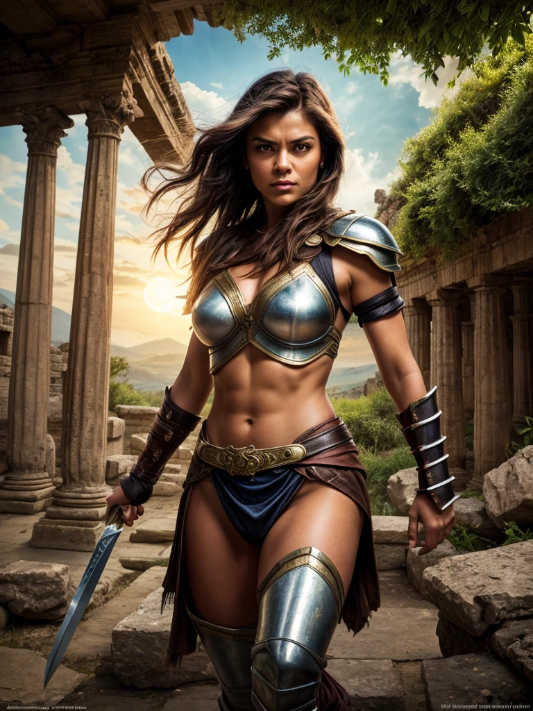 An illustrated movie poster, hand-drawn, full color, a teenage elven girl, wearing a metallic bralette and a battle skirt, tall, toned, amazonian stature, voluptuous hourglass figure, full wide hips, massive round butt, long shapely legs, ridiculously thick powerful thighs, long pointy elf ears, jade eyes, brown-black hair, short pixie cut, deep sun-tanned skintone, freckles, standing on a sunny rainshower, wet clothes, graphite shading, stencil marks, airbrushed acrylic paint, masterpiece, in the style of the Lord of the Rings