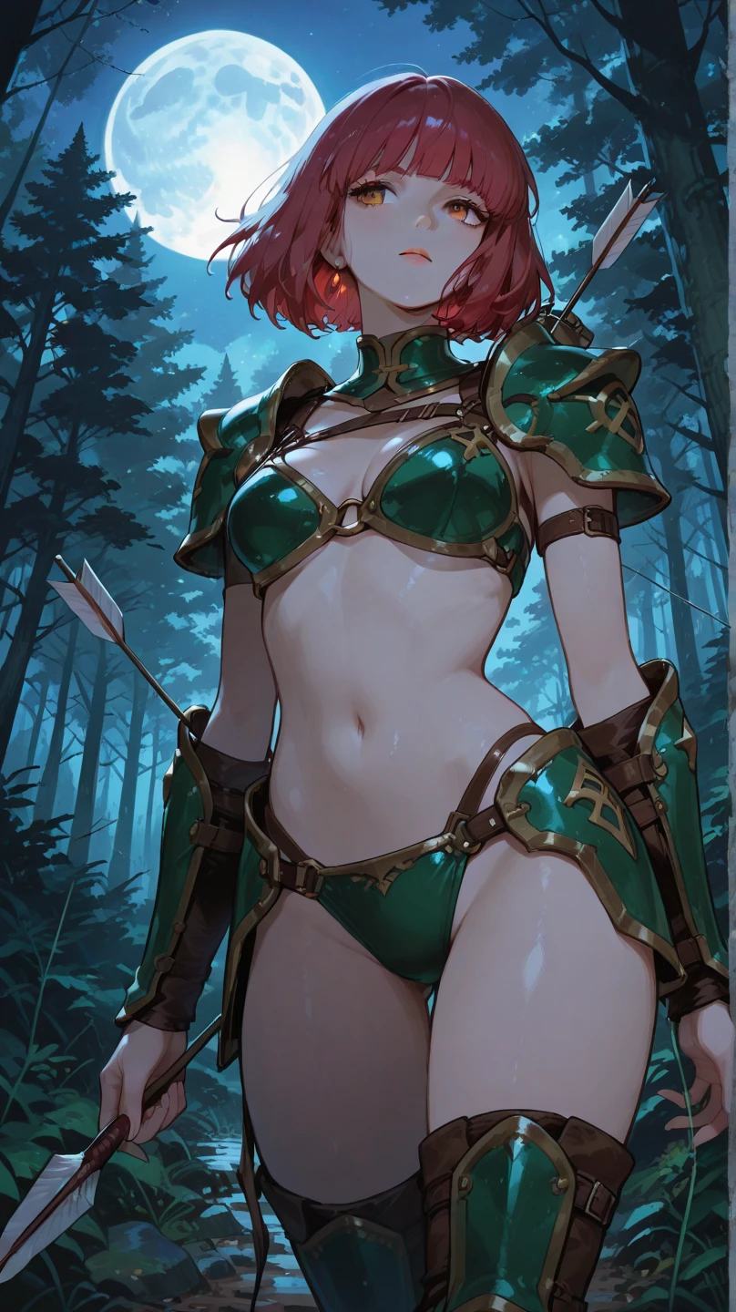Solo,female goblin,green skin, short stack, short red messy hair, leather bikini armour, holding axe, standing, legs spread, masterpiece high-quality