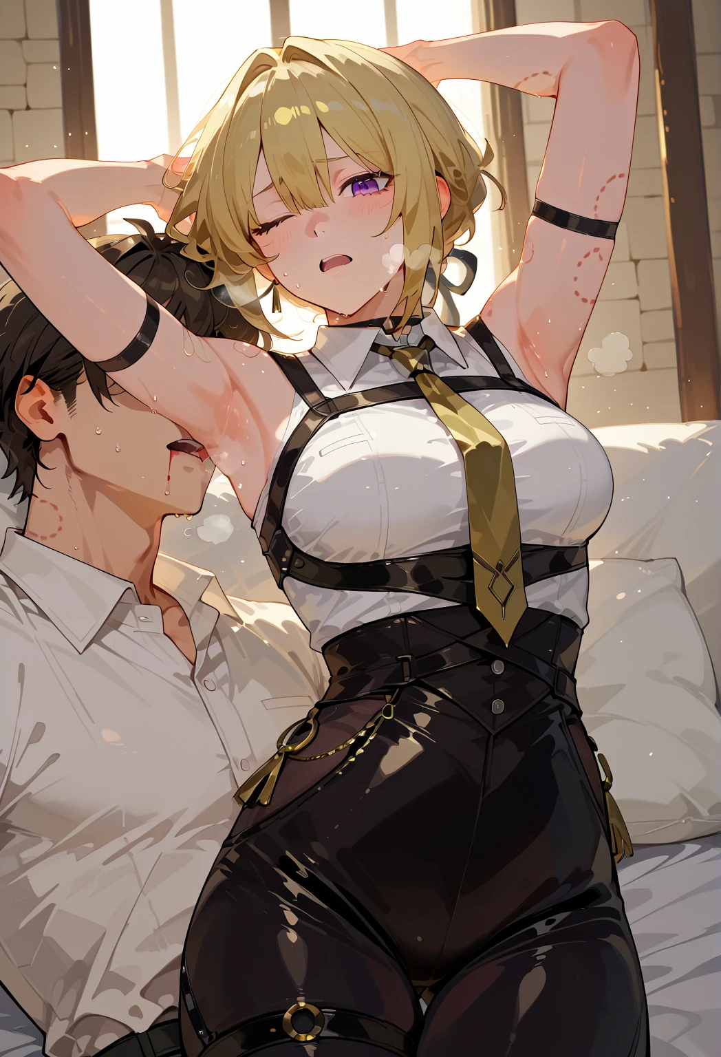 (asura art style:0.7), score_9, score_8_up, score_7_up, score_6_up, angelica, blonde hair, braid, single hair bun, red eyes, BREAK (masterpiece:1.2), best quality, high resolution, (beautiful detailed eyes:1.3), perfect lighting, (perfect hands, perfect anatomy), hearts, pleasured, large breasts, sagging breasts, 1girl, breasts, leash, underwear, 1boy, thighhighs, collar, panties, navel, bra, clenched teeth, hetero, blush, white bra, cleavage, red collar, white panties, teeth, holding leash, bottle, sweat, black thighhighs, animal collar, underwear only, holding, strap slip, faceless male, spread legs, arm up, hand on another's stomach, armpits, sitting on person, looking at viewer, skindentation, faceless