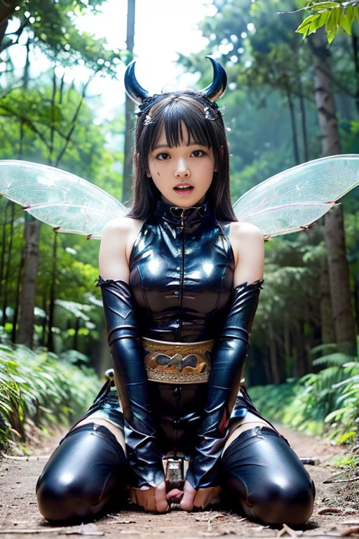 ((best Beautiful elf Girl, medium black hair, waved hair, leaf leotard,long arms, long legs, cowboy shot, archer ,outdoor, new York,full body , view from above,shock face,((masterpiece)), (detailed), perfect face