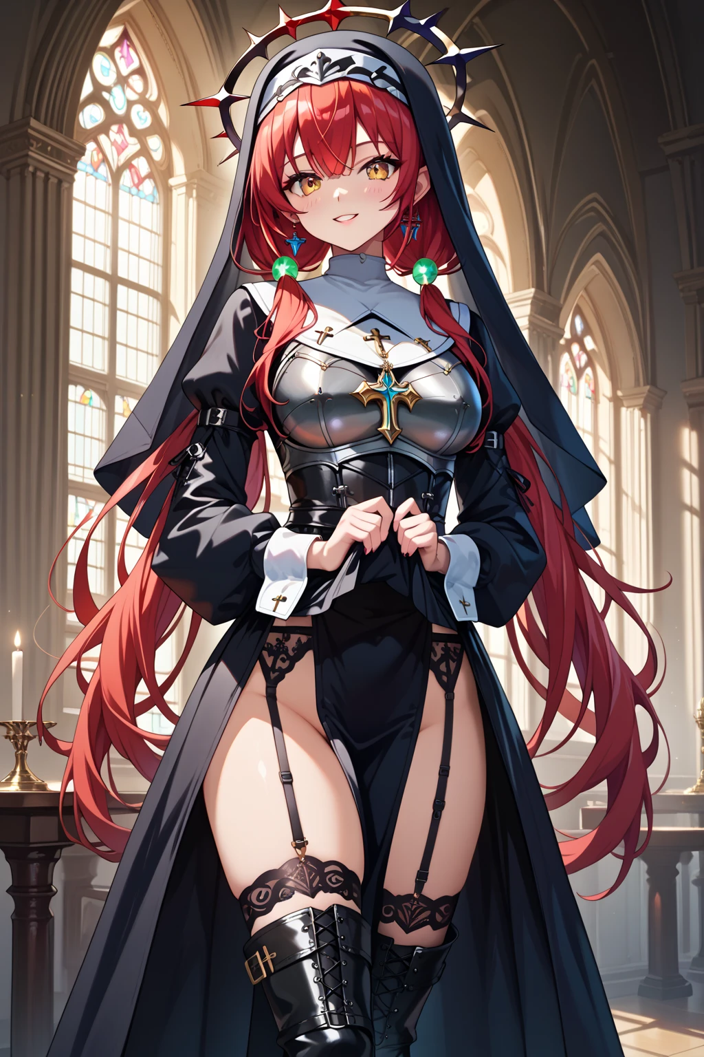 Cru, analog) (Gothic nun with big breasts low-cut), set in the 1990s, maquiagem surreal, Sensual leather clothes inside a gothic church at night, luzes de neon, muito escuro, Horror, tons vermelhos, CAOS, sinistro, detalhes altos, ultra realista, SonyA7III, Cinematic lighting, filme, grain, Rostos UHD, volumetric shadow, Insanamente detalhado, (((sentada com as pernas abertas com o vestido no meio))), big ass, thick muscle body