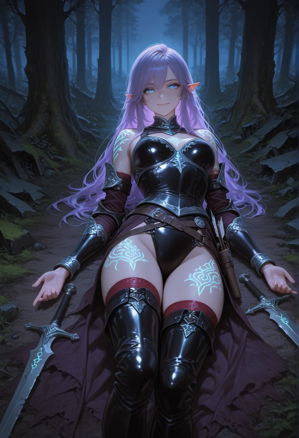 sharp focus, elf girl, purple hair, pink eyes/black pupils,dark forest, masterpiece, sexy pose, dark clothes, ass, black thigh high boots, skinny