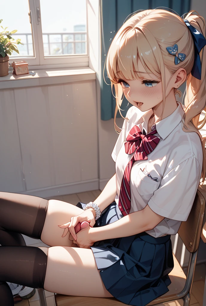photorealisim、top-quality、超A high resolution、NSFW、Japanese high school girl、low angle shot:1.3、Girl in uniform sitting on bed、M-shaped legs:1.4、She opened her legs wide:1.5、Spread your crotch、Show panties、sexy look at the camera、((blondehair))、((Pink lace panties))、Light blue shirt、Dark blue tartan plaid pleated skirt、Detailed cute and beautiful face、(pureerosface_v1:0.008)、Brown-eyed、eye liner、red blush、embarrassed from、glares、 shiny lips: 1.4, humiliated、impatience、Frightened、glares、Panty appeal、Close-up in panties:1.3、red blush、is crying、Crying、Open knees、open one's legs、Disheveled clothes、Dressing、Medium Long Hair,In the bedroom late at night,