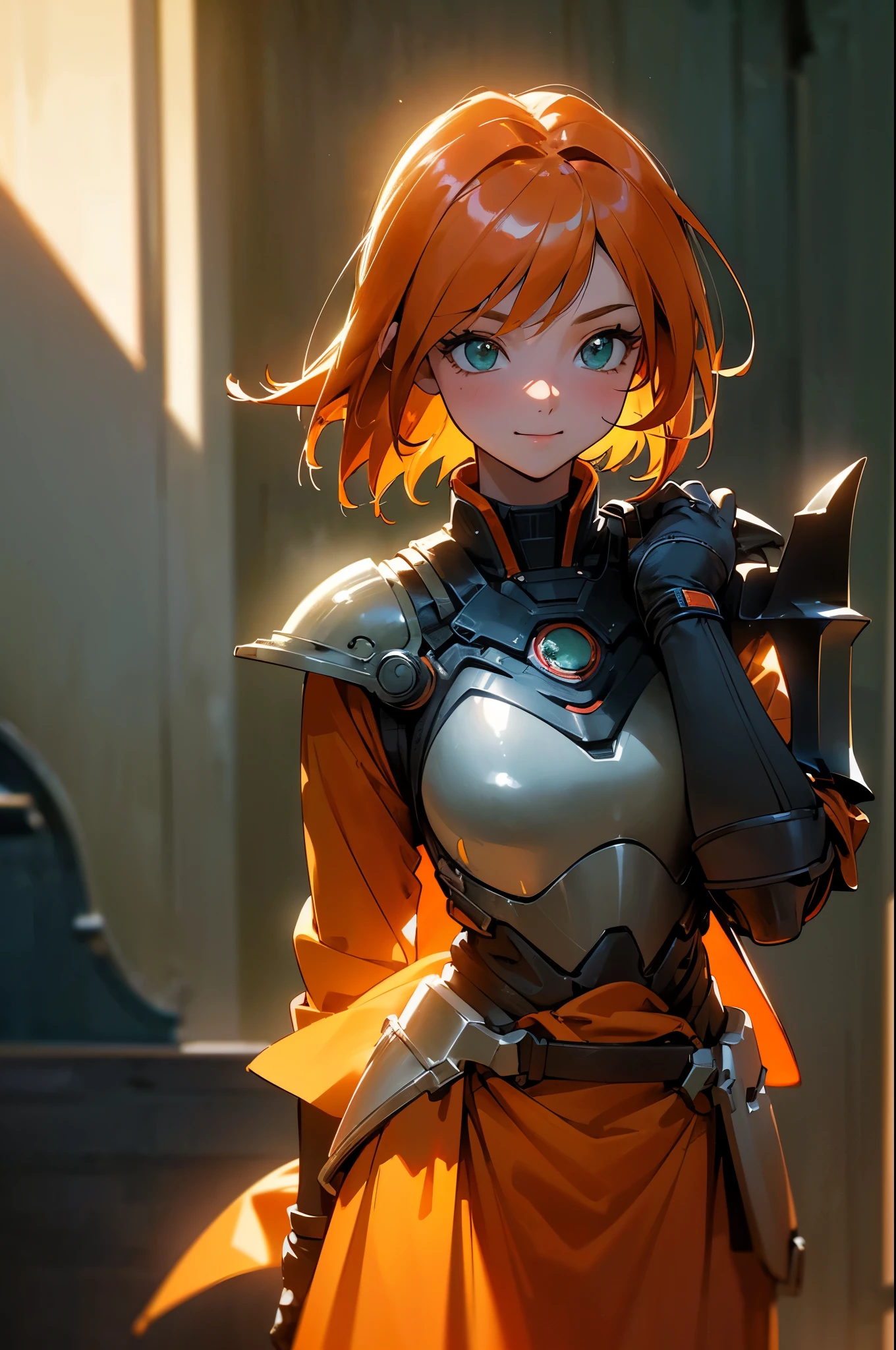 20 Year Old Girl、Orange Clothes、 black inner 、orange hair、bob hair、beautiful green eyes、Smile Yan、Laugh together、Lightweight Armor、gloves、relaxed pose、(Captured with an 80mm portrait lens, F1.8, ISO100), (super Realistic:1.5, Photo-realistic:1.5, RAW photo, cinematic lighting:1.3, back lighting:1.5, light and shadow:1.4)