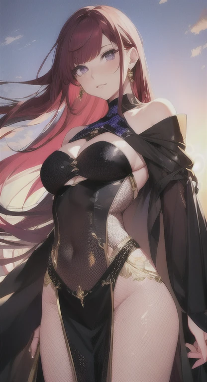 highest quality, ultra high resolution, super detailed, gorgeous, masterpiece, best quality, high resolution finely detailed, extremely beautiful, distinct image, form-fitting elegant dress, hourglass figure, 1 woman, 40 years old, regal yet wild looking facial features symmetrical face, olive brown eyes, sharp eagle eyes, EE-cup breasts, tall height(190cm), curvaceous older woman, athletic and flexible physiques, puffy flaming red hair, narrow waist, long legs, modern times background, tanned white skin, hip-level shot,