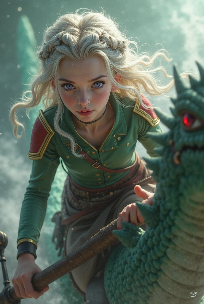 Top Resolution 8K A Very Beautiful 10 Year Old Girl Blonde Blue Eyes In Green Sweatshirt In Skirt Looking At A Blue Dragon Ultra Detailed Ultra Realistic Shadows