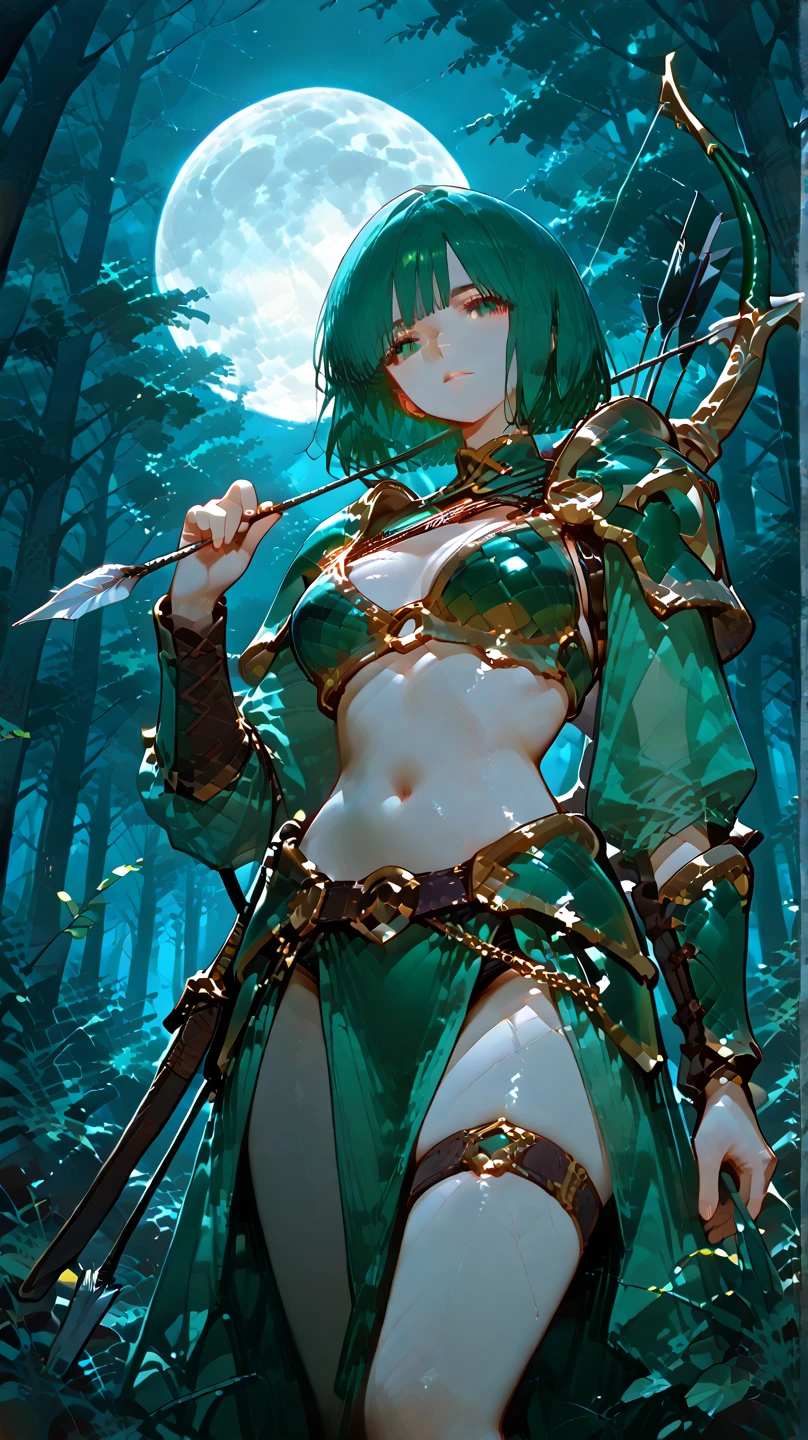 <lora:Yona:0.9> yona, zora, 1girl, yellow eyes, green hair, colored skin, horns, navel, lake background, water, masterpiece, best quality, absurdres, illustration, 8k, realistic shadows, blush, detailed shadows, skindentation, long eyelashes, detailed eyes, ultra-realistic, realistic, hdr, cinematic lighting, furry female, closed mouth,