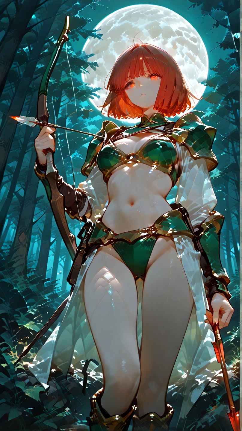 ((masterpiece, top quality)), (1 girl, small breasts), tan marks, dark skin, sunburn, disgust, from below, standing, hands on hips, upper body, wide shot, red short hair , devil horns, (cloak, glasses, lower milk), (breast harness, muscular, wide hips, thick thighs, navel, thigh strap, leather long pants), boots, ((holding a dagger in the handle, dagger&#39;s Battle posture, outdoors, adventurer, bandit \(final fantasy\) ))), forest, dungeon background, nature, medieval, reflected light, raytracing, delicate background, ((wide shot)) ((detailed face Features)), Shallow Depth of Field, [Volume Fog], Cinematic Lighting, Reflections, 8K Resolution, Subtle, Absurd, Realism, Absurd, High Detail, (Ray Tracing), High Resolution, Ultra Detail, Physics Base Rendering, Surreal, Natural Light, (Highly Detailed CG 8K Wallpaper), (Very Delicate and Beautiful), (Masterpiece), (Highest Quality: 1.0), (Ultra High Resolution: 1.0), Beautiful Lighting, Realistic Shadows, [HiRes], Detailed Skin, Super Detailed, (Realistic, Photorealistic: 1.4)