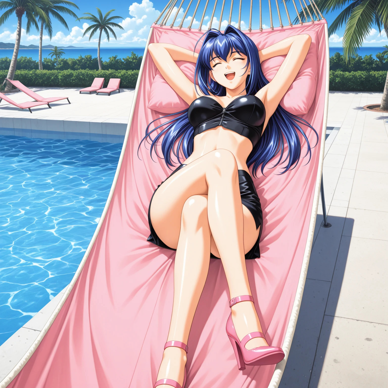 score_9_up, score_8_up, score_7_up, 1girl, solo, mature female, Eida, looking at viewer, blue with pink long hair, blue eyes, pink lips, parted lips, blue with pink stars seductive micro bikini, fit slim body, perfect medium erected breast,((yacht deck with pool)), high heels, perfect model body, standing and showing her perfect body