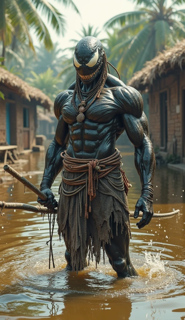 Ogun , African orixá , most beautiful image in the world , muscular body, shirtless, shorts in blue and red color , holding a sword , blue eyes , strong facial expression , well woven face , scenery : an African village, focus of the image on the face, well expressive facial --auto --s2