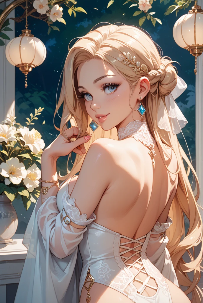 (Highest quality、Best image quality、Highest Resolution、Very beautiful woman、Perfect Anatomy)、bright light blue eyes、Smaller diamond-shaped earrings、Look closely at the camera、Beautiful silver blonde hair、Lip gloss、Very cute smile、Beautiful upper teeth、Shining light from the window、Slightly larger eyes、Small face、Tall Supermodels、very beautiful big breasts、 Cleavage、Beautiful outdoor background with very blue sky and clouds、Please put your hands on your hips、Dynamic Angle、Eye focus、Bring your finger to your mouth、Very beautiful 20age、 Sharp jawline、 Deep neckline, Sexy Legs, Perfect Ass, Great ass、Sexy Lingerie