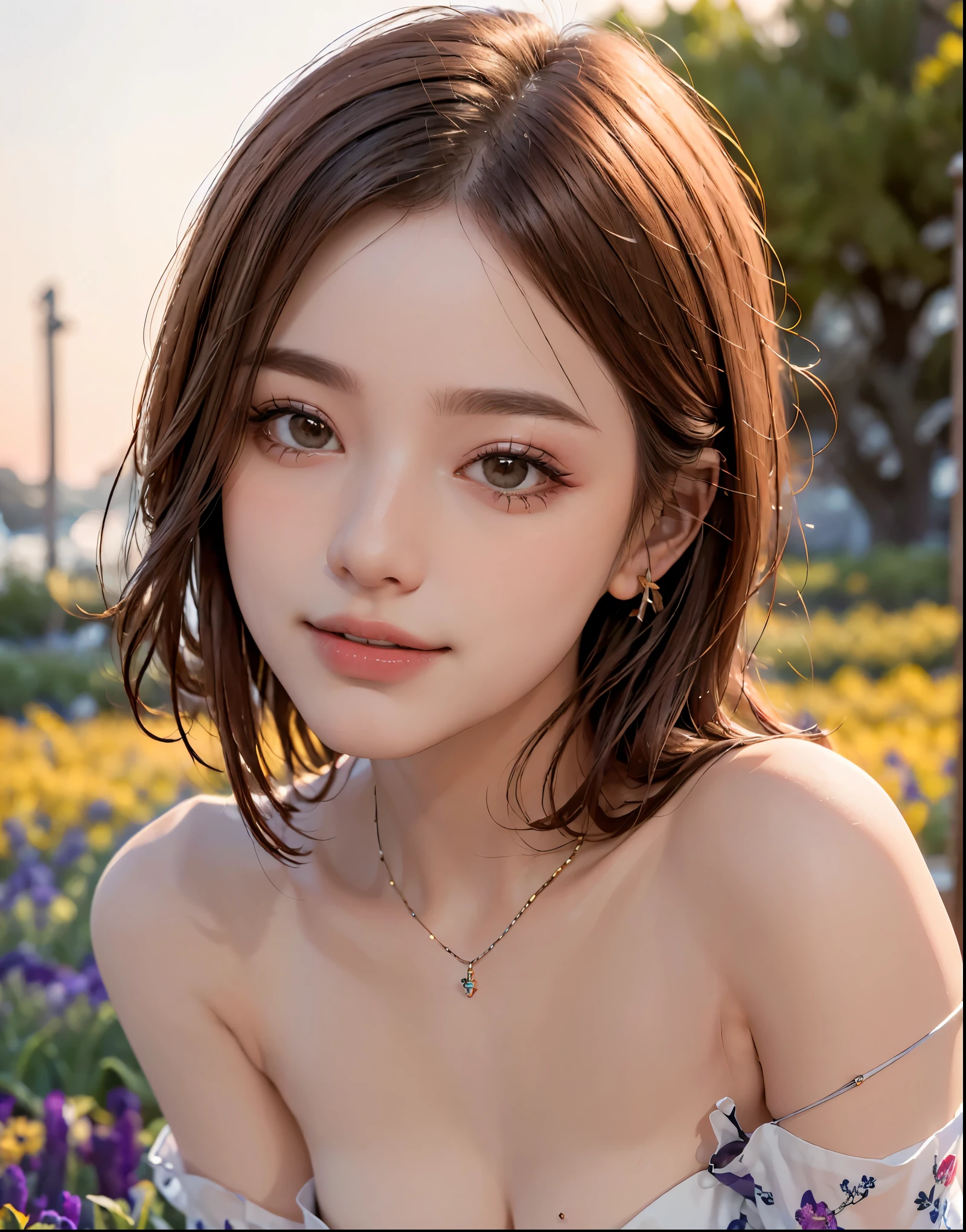 ((Highest quality, 8K, masterpiece :1.3)), (Sharp focus :1.2, Beautiful woman with perfect figure :1.4, Slim Abs :1.2), ((Big Breasts, Emphasize cleavage:1.3)), (Photorealistic:1.4), (realistic:1.4), (Short Bob Hair, Light brown hair:1.5), Highly detailed face and skin texture, Fine grain, double eyelid. Makeup face, A little bit of lipstick, necklace, Earrings, sex appeal, Sexy gravure pose, (A sexy beauty wearing a pink frilly dress in a flower field、She is wearing a flower crown on her head and smiling softly.。:1.3)
