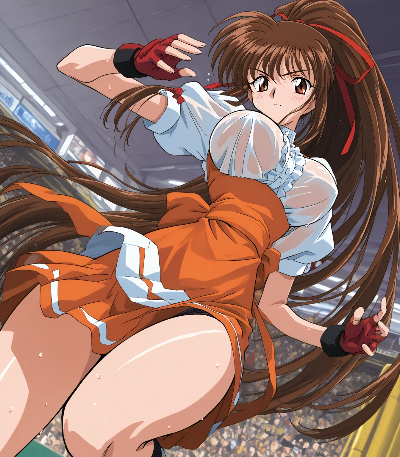 sleep,lie on wrestling ring, wrestling ring, boxing ring, takeuyuka very long hair hair bow, frilled shirt, underbust, ribbon, fingerless gloves, white gloves, waist apron, orange skirt, socks, toeless legwear