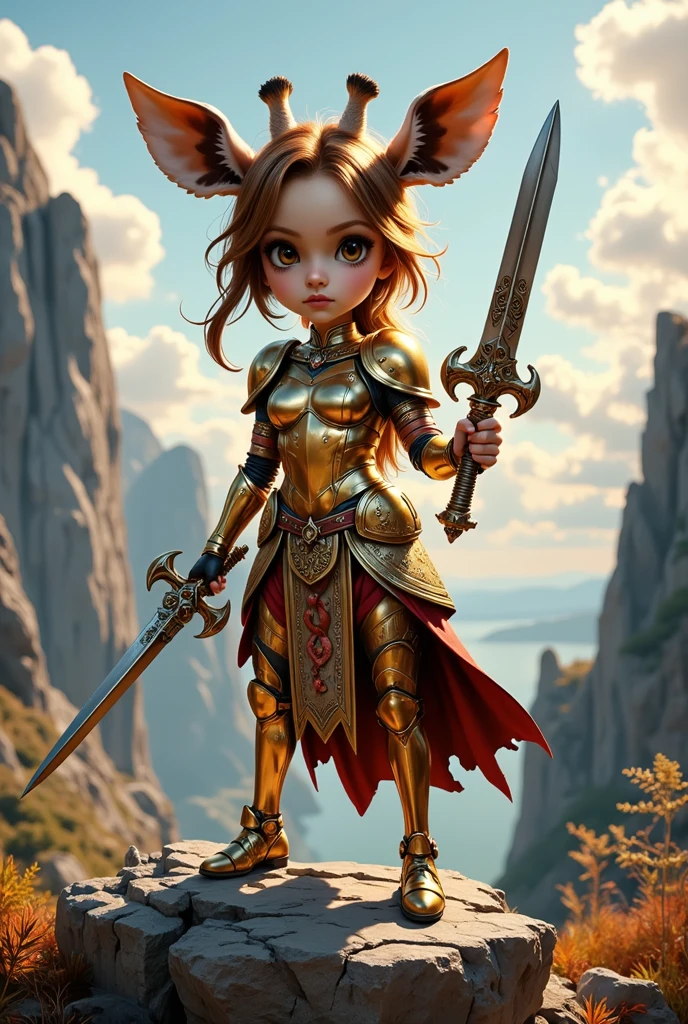 Digital illustration. Close up portrait. A chibi female warrior giraffe wearing gold plated armor and holding shiny metal weapons stands heroically on jagged rocks. Soft, god light illuminates the scene. Andy Kehoe style. Intricate, organic patterns reminiscent of Alphonse Mucha. Dark, muted colors with pops of bright, vibrant hues like Richard Corben. Incorporating animalistic elements like Jakob Bogdani. Whimsical, dreamy quality like Cory Loftis. 
Romanticism. Shallow depth of field. Unreal Engine 5 level of detail. IMAX worthy expansive landscape. Gold plated armor with subtle metal reflections. Magical Masterpiece. Highly detailed. Vibrant colors. Whimsical patterns. Cute overload. Epic.