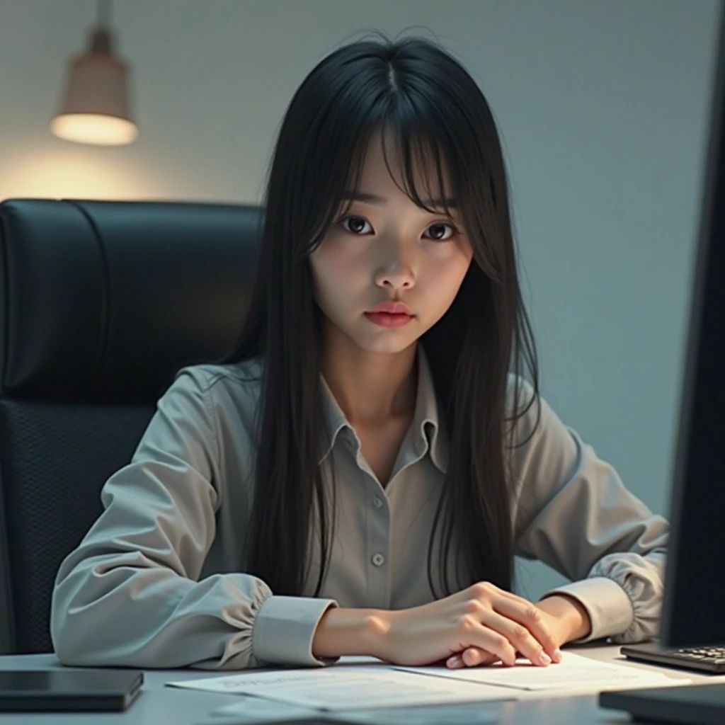 In the background, a full-screen exchange chart、A frustrated woman holding her head、The girl is standing with her head in her hands, the background of which is filled with candlestick charts of a major stock market crash、Ghibli、The girl is smaller than the monitor