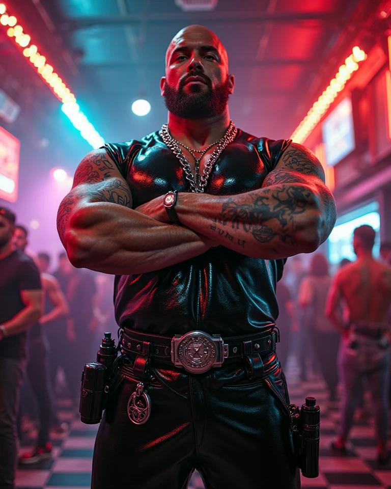Pornstar Fusion, full body bodybuilder, dj, rapper, multimillionaire, Famous, masculine, disease, eyes, tough man, 1,85cm and 120kg of pure muscle 8% body fat , Silver chain with gold diamonds., Rolex luxury watch, 8 pack abs, You can see a big bulge in his pants, revealing his big XXL penis, which he hides full-length, 25 cm, in tight jeans and Everlast shoes, in front of two delighted and passionate women in leather and boots.. Background on an old street in Tokyo full of vibrant neon lights illuminating the numbers and signs of the shops. ((Perfect hands)), ((perfect finish)) ((perfect women)) ((perfect arms)) ((perfect bodies))