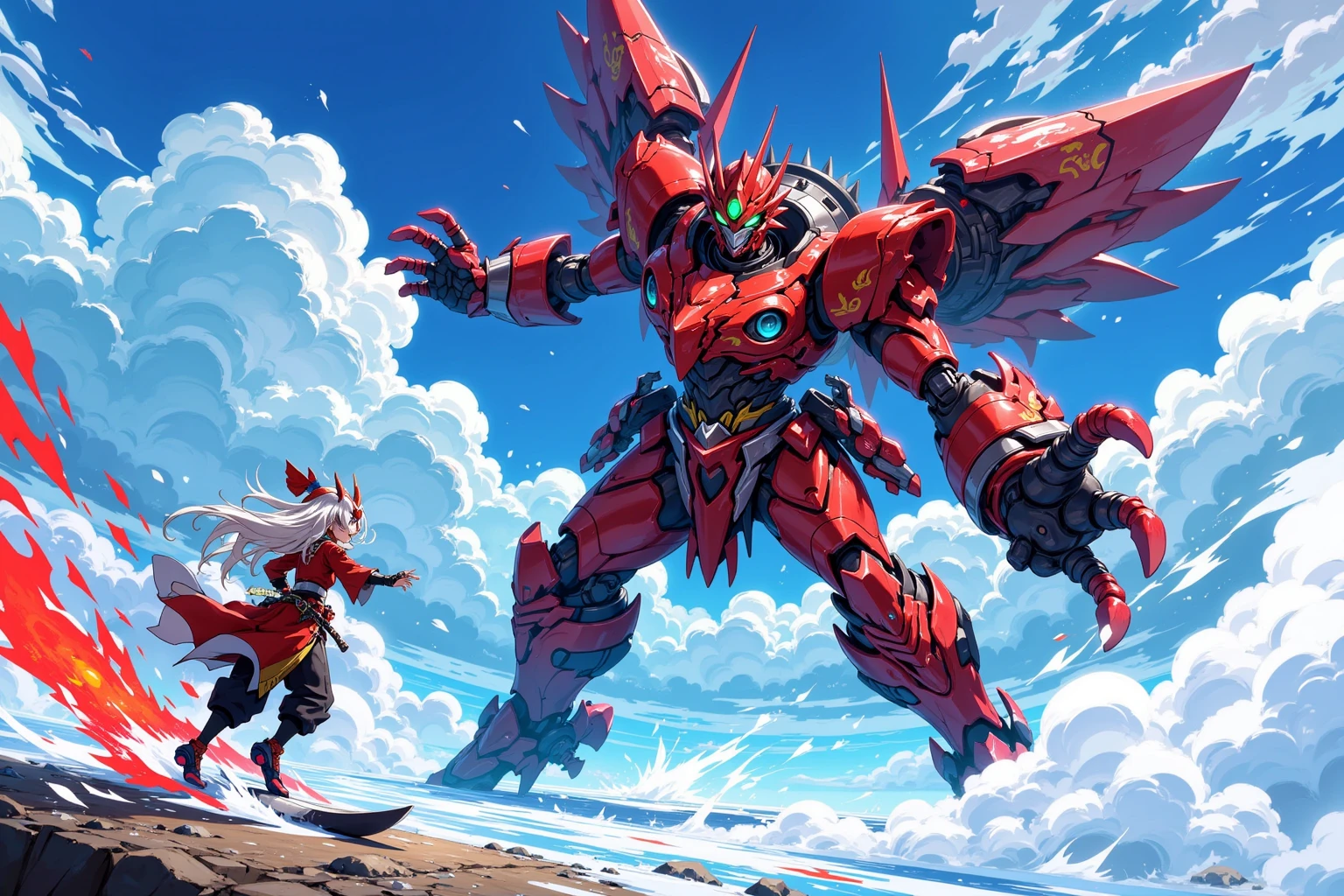A red robot reaches forward with immense force as a warrior evades swiftly beneath a sky filled with swirling clouds. Anime power up the warrior ignites a rocket launch of flames and he leaps to stab the robot in the head with an energy sword, exaggerated anime war cry as he leaps