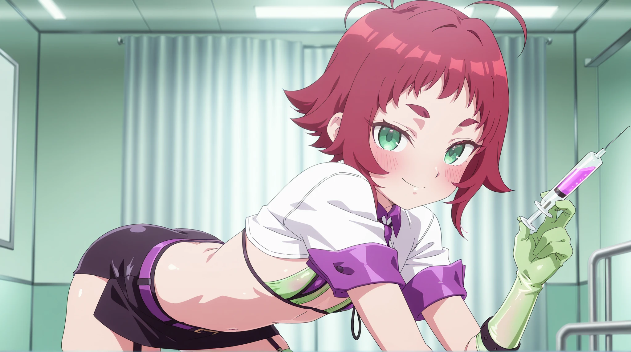 1 girl, solo, Ito, blonde hair, short hair, glasses, polka dot bra, aqua bra, polka dot panties, orange panties purple eyes, ribbon stocking, blue stocking, sneakers, purple snickers, little breasts, shy, by gamers chair, dark gamer room, smiling, standing, hands on hips, full body view, slim body, 