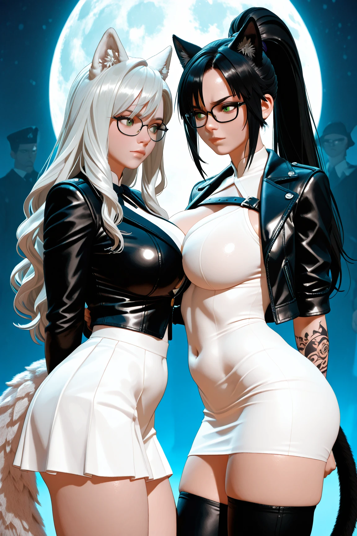 Long white hair white skin dull blue eyes a black glasses like satoru gojou from jujutsu kaisen wearing white sweeter with big breasts