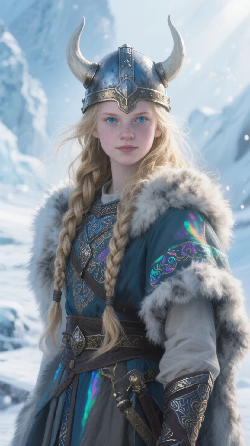 Ylva de vinland saga, woman, dark blonde hair, dark blue eyes, serious, brown skin cassac white edges, in the snow, standing in front of a mountain, Vinland Saga, female protagonist, cinematic lighting, high detail, super detail, 4K