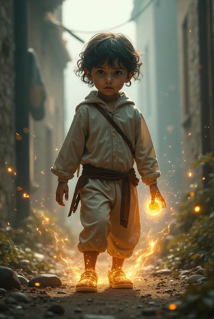 A boy holding his magic cloak in his hand looks as if light is coming out and he has many new clothes, sweets and many other things